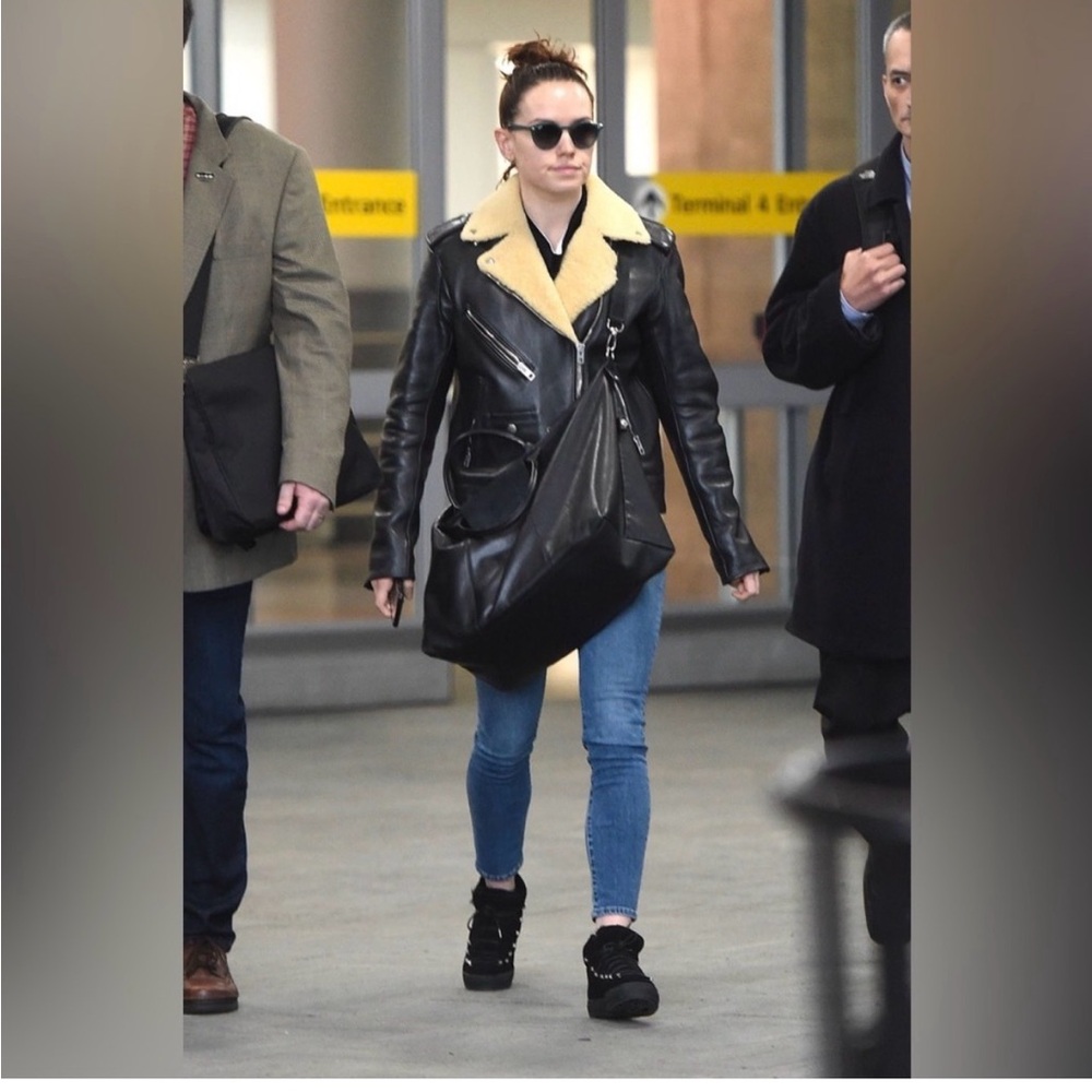 Coach Leather Biker Jacket with Shearling Collar - Black